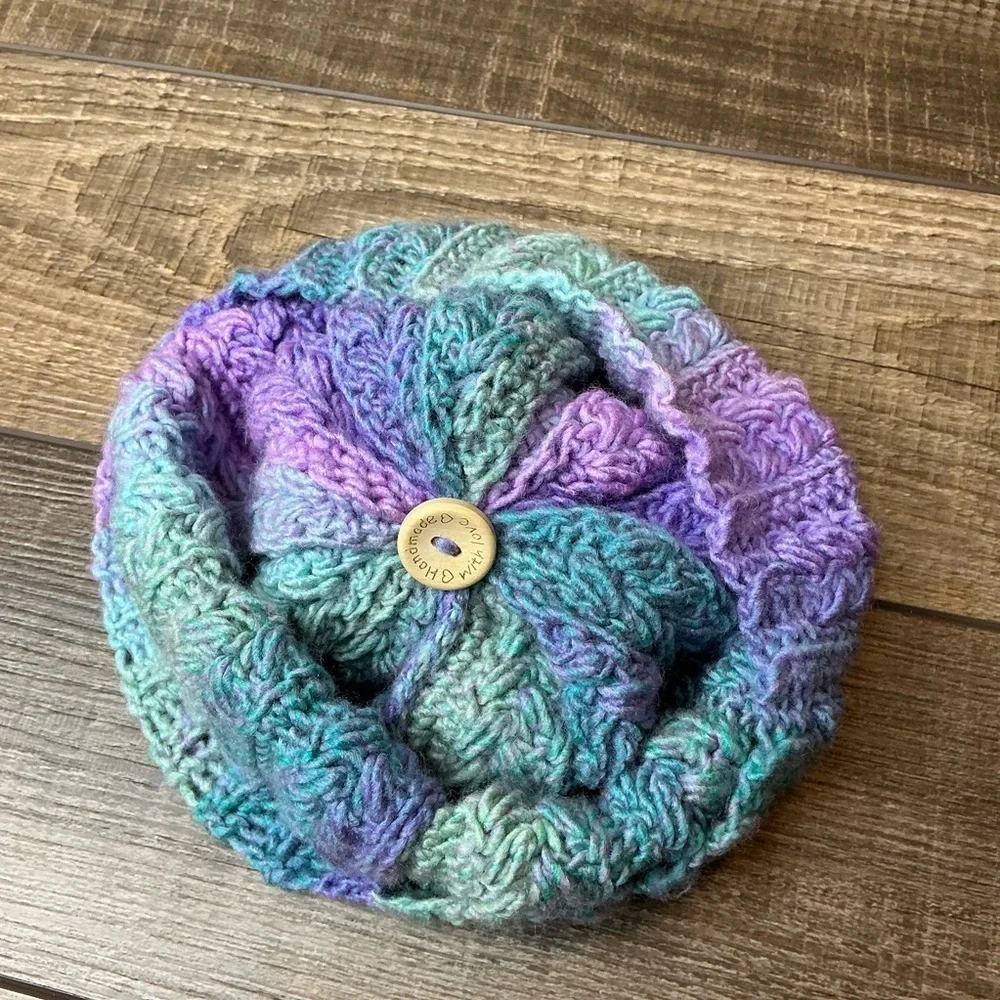 Handcrafted Crochet Winter Hat Blue Purple Snowy Wheat Knit Beanie with Pom Pom